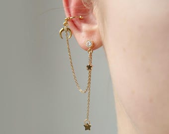 Gold Moon And Star Chain Cuff Drop Earring, Stud Celestial