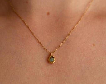 Rumi Dainty Gold Plated Teardrop CZ Necklace: Waterproof Blue Pendant
