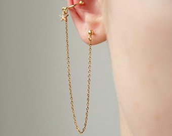 Gold Star Chain Cuff Drop Earring, Stud & Opal Celestial Star