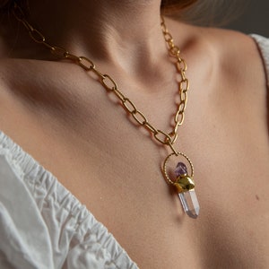 Armelle Amethyst and Clear Quartz Charm Pendant Lairat Necklace, Healing Crystal Gold Statement Necklace