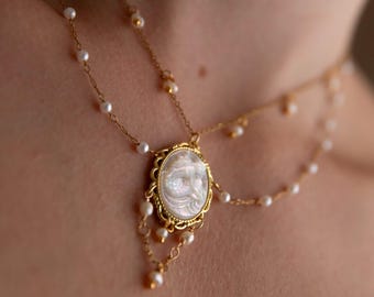 Aura Freshwater Pearl Mermaid Necklace, Carved Pearl Gold Pendant