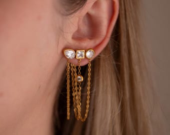 Gold CZ Dangle Chain Stud Earrings, Stainless Steel Waterproof