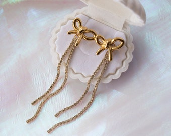 Daphne Gold Bow Stud Earrings, CZ Diamond Droplets, Hypoallergenic