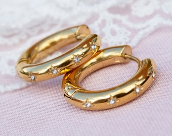 Gold Plated Star Hoop Earrings: Stainless Steel Celestial Huggies