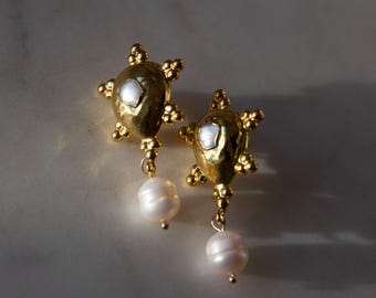 Nara Gold Plated Freshwater Pearl Drop Earrings: Bridal Jewellery
