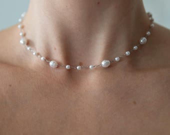 Cove Dainty Pearl Choker Necklace, Silver Chain, Tarnish Free
