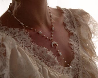 Aura Handmade Pearl Lariat Necklace, Crescent Moon Gold Plated Stainless Steel Chain