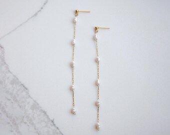 Elida Pearl Dangle Drop Earrings: Stainless Steel Bridal Earrings