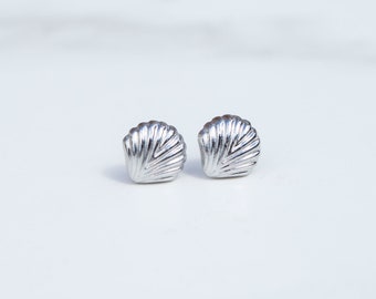 Kayla Silver Clam Shell Stud Earrings: Tarnish Free Stainless Steel