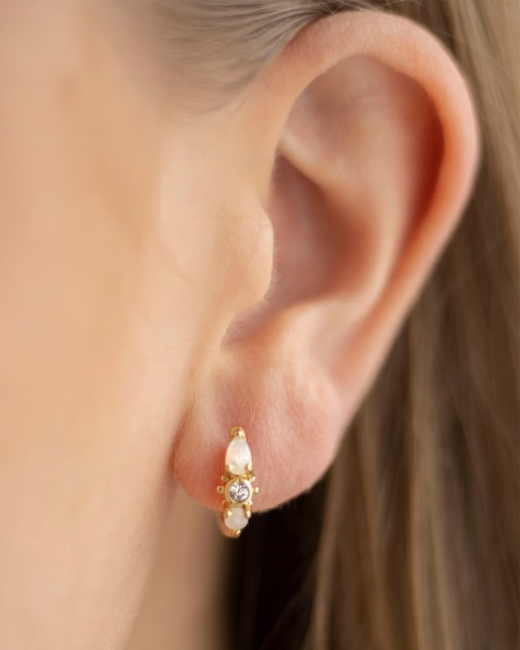 Gold Plated Sterling Silver Opal Huggie Hoop Earrings