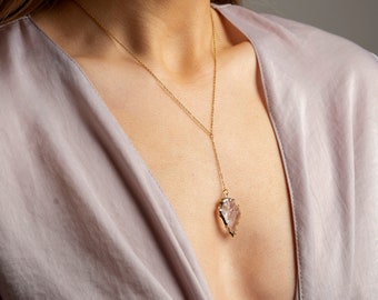 Clear Quartz Lariat Necklace: Gold Arrowhead Healing Pendant