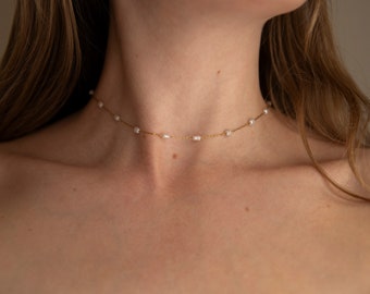 Covie Dainty Gold Pearl Chain Necklace, Imitation Freshwater Pearl Choker Bridal Jewellery