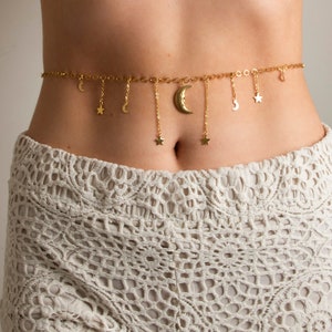 Naida Celestial Gold Belly Chain, Moon & Stars Belly Chain, Gold Belt Holiday Tummy Chain, Waist Belt