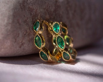 Saffie Green CZ Hoop Earrings in Golden, Gold Plated Huggie Hoop Earrings Green, Cubic Zirconia