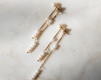 Elide Freshwater Pearl Dangle Drop Earrings: Tarnish Free Gold, Bridal Jewellery