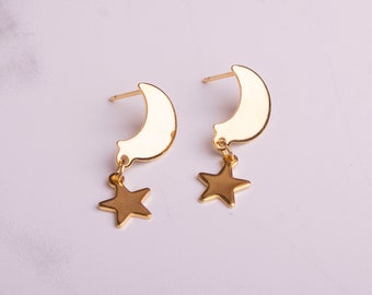 Gold Moon & Star Stud Earrings: Celestial Stainless Steel