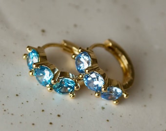 Azula Blue CZ Hoop Earrings: Chunky Gold Plated Huggies