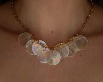 Oriona Iridescent Shell Necklace, Ethereal Mermaid Whimsical Festival Stud Earrings