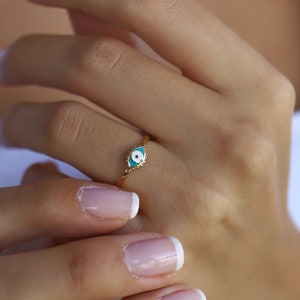 Minimalist 14K Gold Evil Eye Turquoise Ring,Handmade Dainty Jewelry,Protective Talisman Ring for Women,Statement Design Everyday Gold Gift