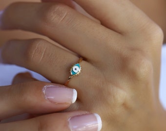 Handmade 14K Gold Turquoise Evil Eye Ring, Dainty Talisman