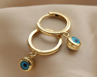 14K Real Solid Gold Evil Eye Blue Eye Hoop Huggie Earrings Minimalist Designed Modern Gift for Women Dainty Valentine's Day Mother's Day