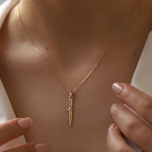 14K Solid Gold Knife, Sword and Shield Pendant Necklace Power Symbol Jewelry Chain Gift for Men and Women Unisex Gift by Monsini Jewelry
