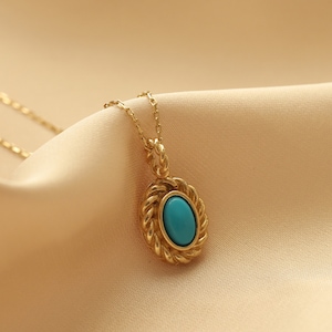 14KSolid Real Yellow Gold Synthetic Turquoise Stone Pendant Necklace Gift For Women Dainty Elegance Minimalist Modern Designed Birthdays