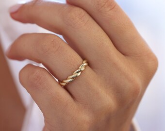 14K Solid Gold Braided Ring, Stackable Wedding Band