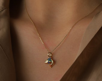 14K Real Gold Necklace Blue Green Burgundy Enamel Dolphin Fish Pendant Gift For Women Christmas Valentine's Day Handmade Minimalist Design