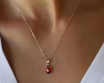 14K Gold Marienkäfer Halskette, Schwarz-Roter Emaille Glücksbringer