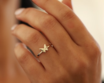 14K Solid Gold Minimalist Dainty Design Summer Theme Butterfly Love Friendship Ring Gift For Women SimplePendant Hoop Monsini Fine Jewelry