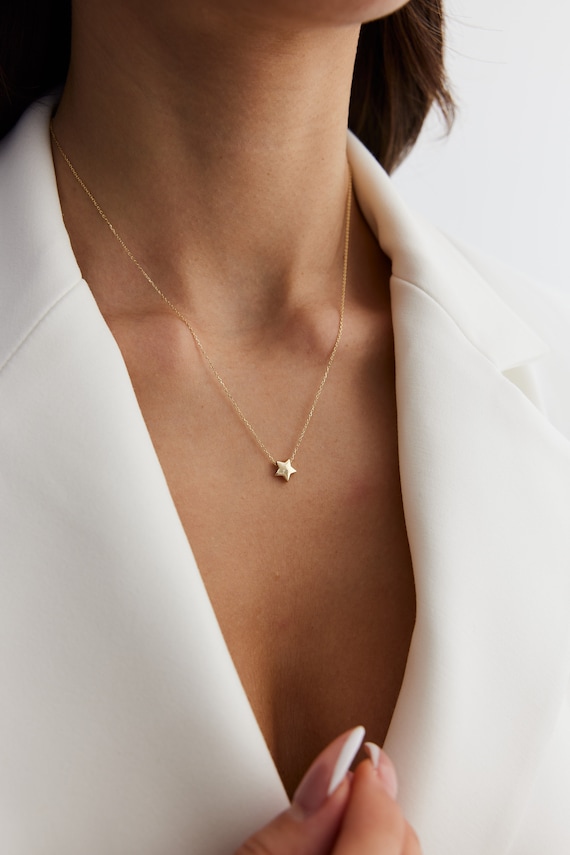 14K Solid Gold Tiny Star Layered Pendant Charm Dainty Necklace For Women  Friendship Gift Handmade Jewelry Choker Design Valentine's Day Gift