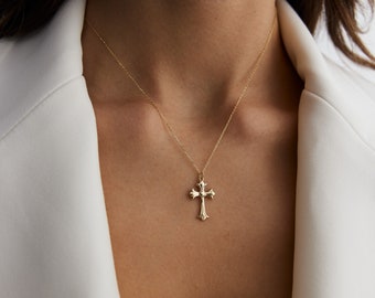 14K Solid Gold Cross Pendant Necklace, Religious Jewelry Gift