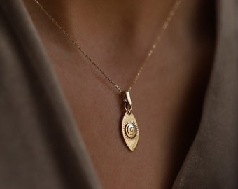 14k Solid Gold Evil Eye Pendant Necklace, Vintage Good Luck Charm