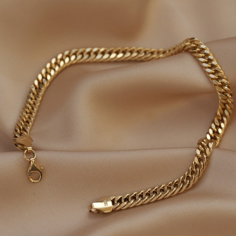 14K Gold 5mm Curb Unisex Cuban Link Chain Herringbone Braided Bracelet For Woman and Men /Valentine's Gift Christmas Gift Monsini Jewelry image 5