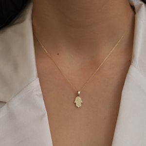 14K Solid Gold Hamsa Hand of Fatima Pendant  Luck Charm Dainty Gift for Women Necklace Fine Jewelry Valentine's Day  by Monsini