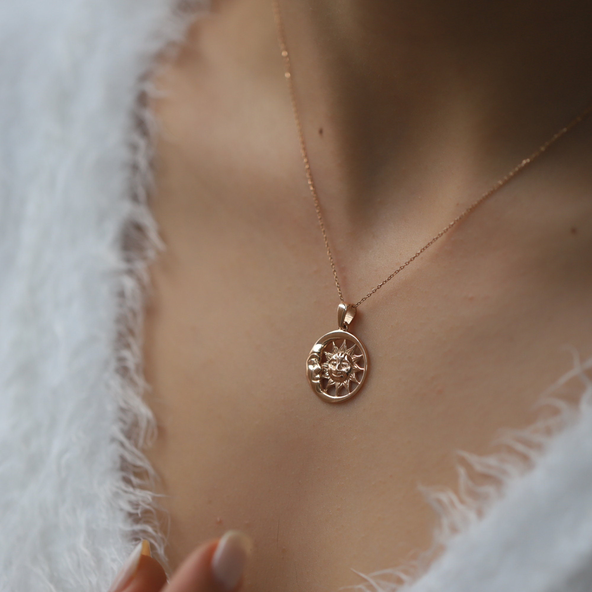 14K Rose Gold Moon Sun in Circle Pendant Necklace Minimal - Etsy