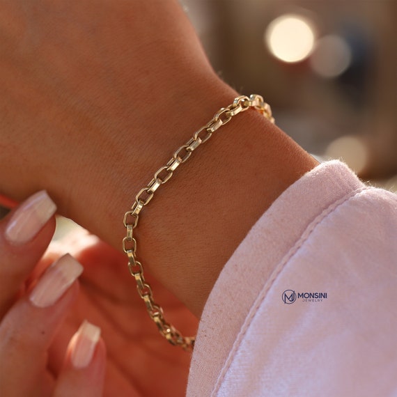 14K Yellow Gold 3.85mm Staple Oval Link Chain Bracelet for