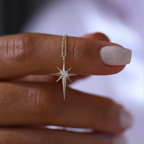 14K Real Solid Gold North Star With White Zircon Stone Minimalist Design Pendant Charm Dainty Necklace Elegance Jewelry Brilliant Surface