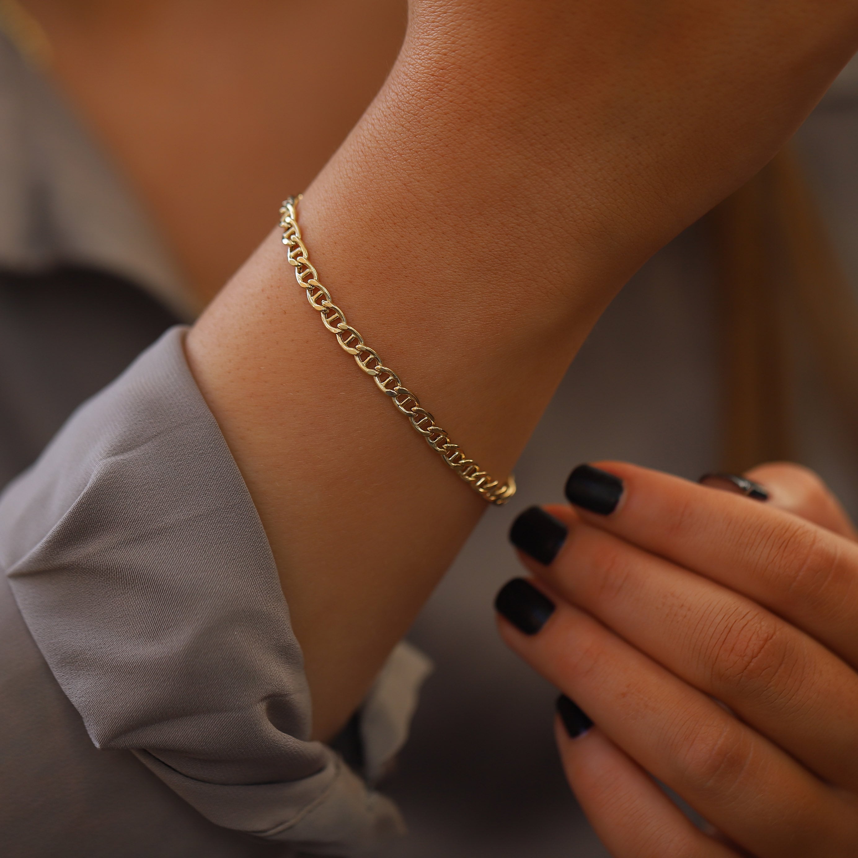 14K Gold 4mm Mariner Figaro Link Chain Bracelet Gift for