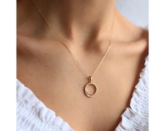 14K Real Gold Geometric Circle Design Love Necklace, Layering Chain, Disc Pendant Charm , Minimalist Jewelry, Gift for Her, Everyday Jewelry