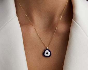 14K Real Solid Yellow Gold Enamel Evil Eye Minimalist Pendant Dark BlueNavy-White Circle Design Chain Gift for Women Valentine's Day Dainty