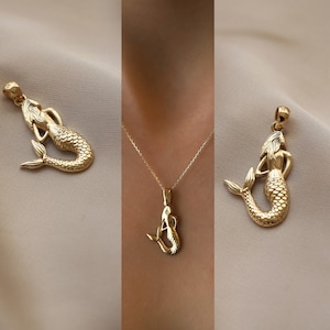 14K Solid Real Yellow Gold Mermaid Pendant Brilliant Surface Necklace Dainty Modern Designed Gift for Women Valentine&#39;s Day Birthday Minimal