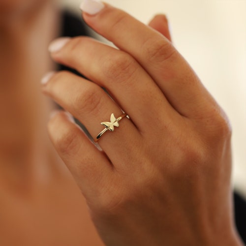 14K Gold Butterfly Ring, Nature Inspired Minimalist Band - Etsy UK