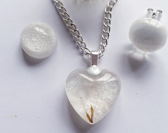 Dandelion Heart Necklace Wedding Earrings Dandelion wedding jewellery Silver/white Earrings Dandelion Wish Pendant & silver plated chain