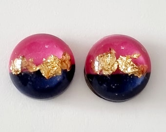 Fuchsia Pink, Navy and Gold leaf Studs Magenta Navy & Gold Leaf stud Earrings Statement Earrings  BFF Christmas gift Wife Friend Girlfriend