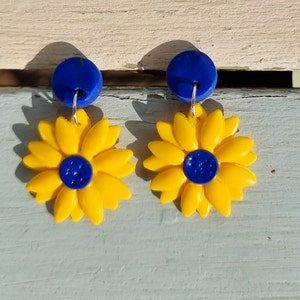 Ukraine Blue & Yellow Sunflower Earrings Large statement Sunflower 10% DONATION to DEC Ukraine