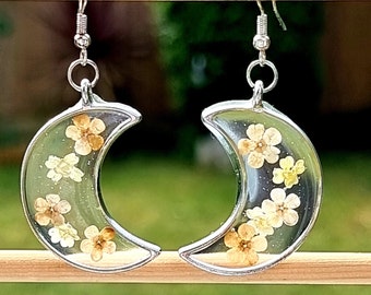 Boucles d’oreilles pendantes de fleurs pressées, Boucles d’oreilles SilverMoon, Boucles d’oreilles en vraie fleur, Fleurs séchées Bijoux célestes Résine Plantes Bijoux BFF Cadeau