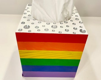 Rainbow & Silver Bling Tissue Box Cover- Home Decor- Desk Decor- Bling Rainbow- LGBT- Pride- Bathroom Decor- Office Decor- Office Desk