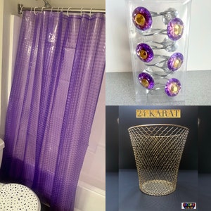 Purple & Gold Bathroom Set- Housewarming Gifts- Purple Shower Curtains- Shower Hooks- Bathroom Decor- Dorm Room Decor- Unique Decor